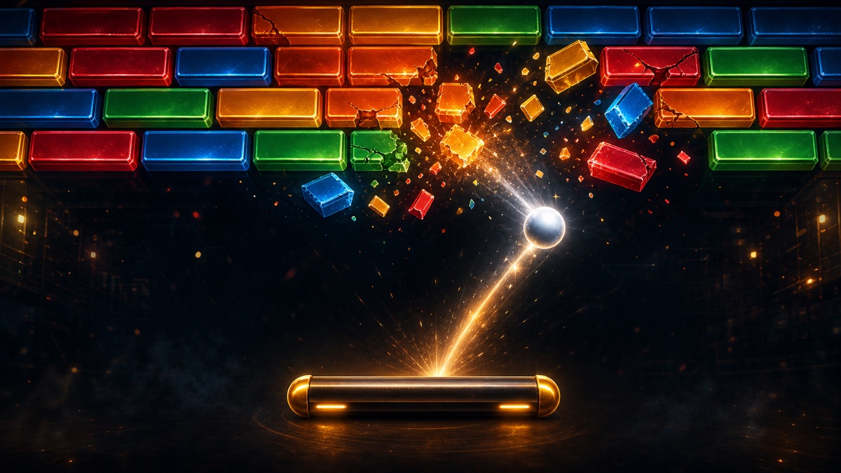 Breakout 132 game illustration with colorful bricks shattering