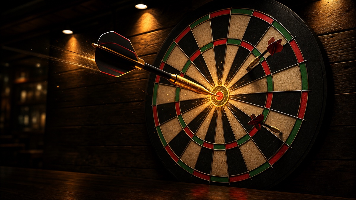 Darts 132 game illustration with a dart hitting the bullseye