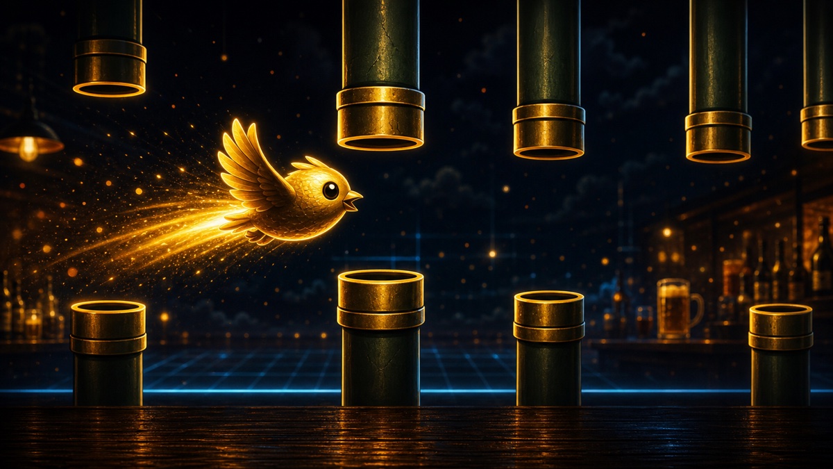 Flappy 132 game illustration with a golden bird flying through pipes