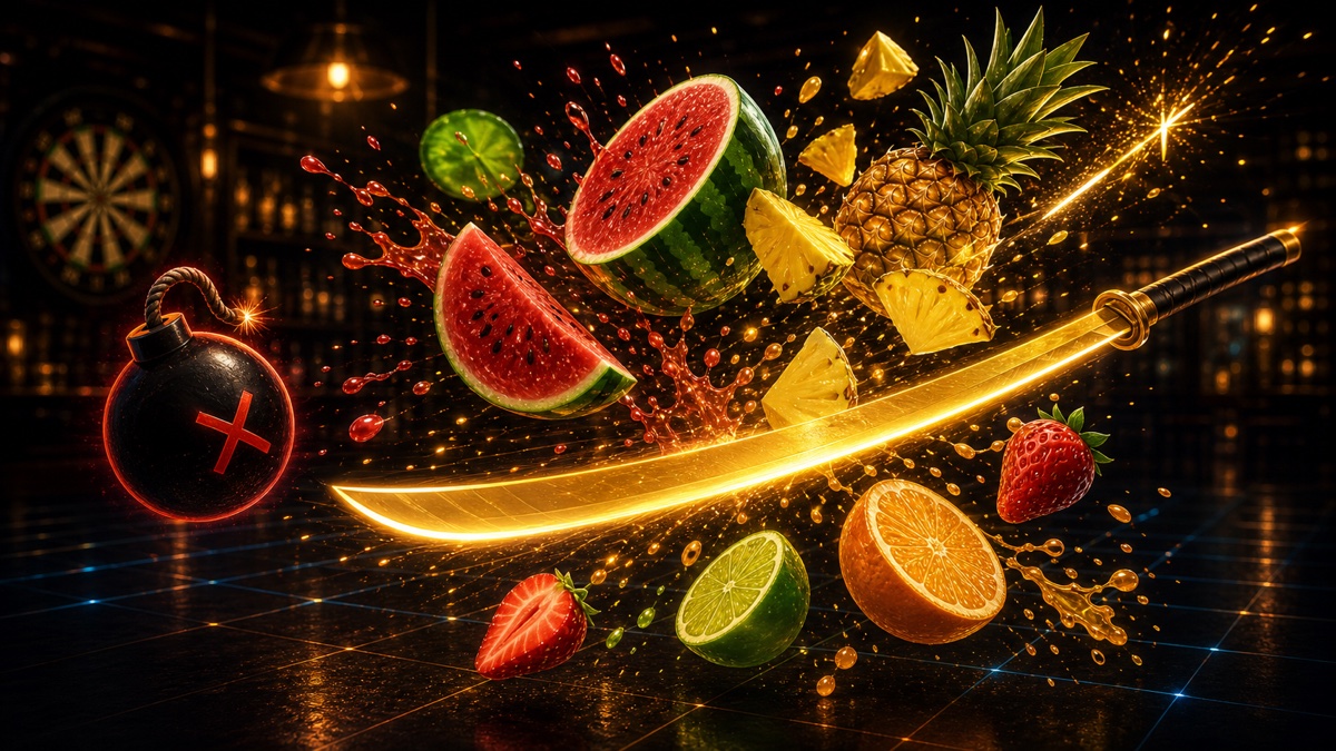 Fruit Slice 132 game illustration with a golden blade slicing fruits