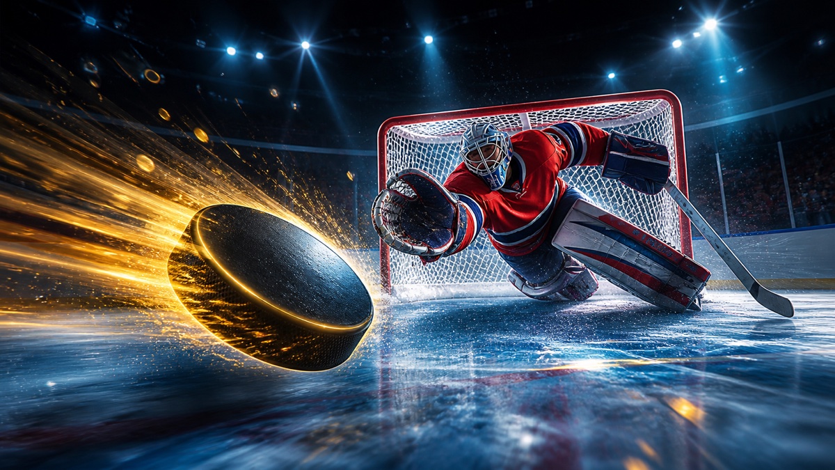 Hockey Shootout game illustration with a puck flying toward the net
