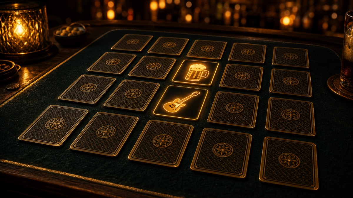 Memory 132 game illustration with glowing cards on a bar table