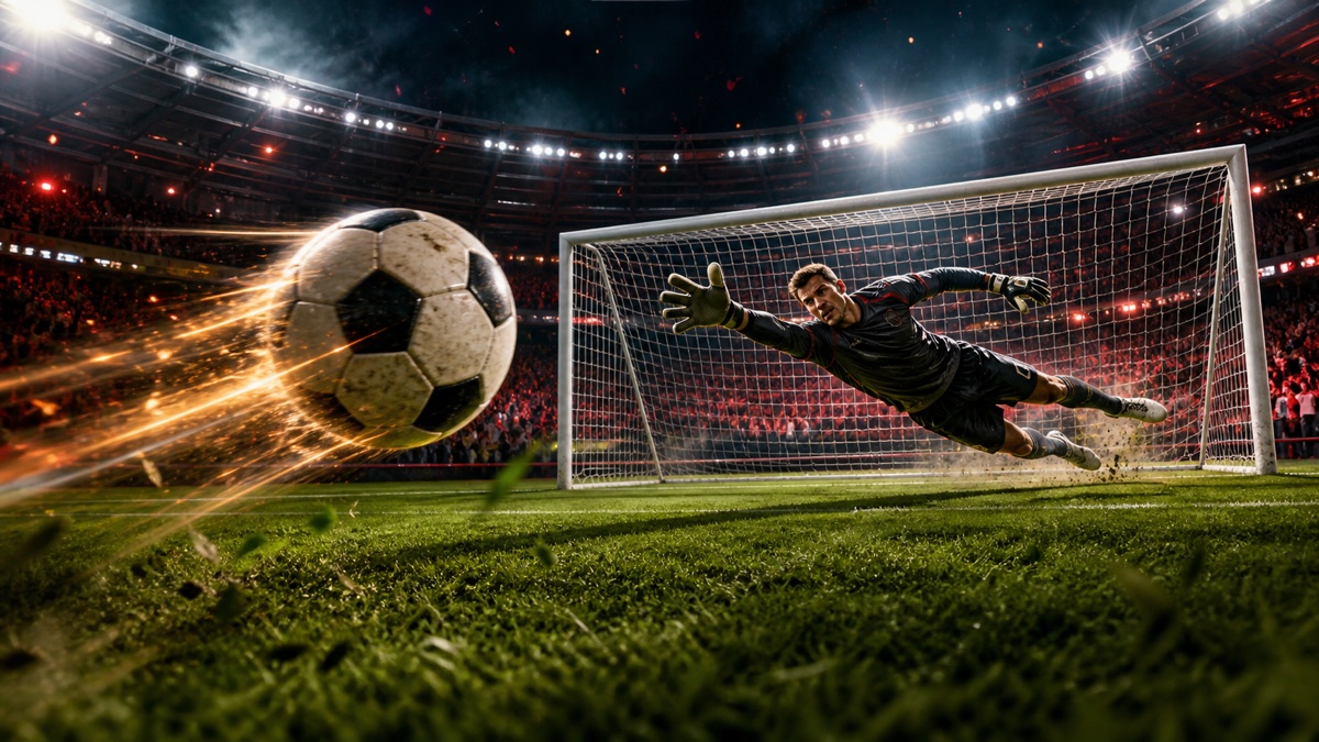 FIFA Penalty Shootout game illustration with a soccer ball flying toward goal