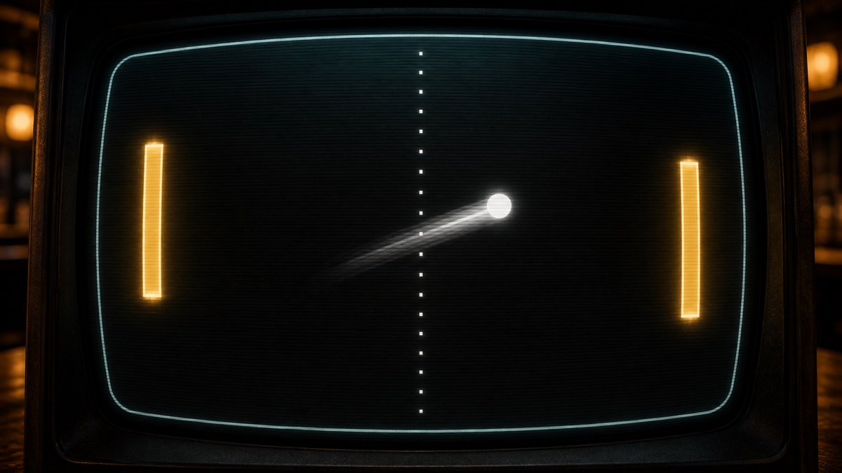 Pong 132 game illustration with golden paddles and a glowing ball