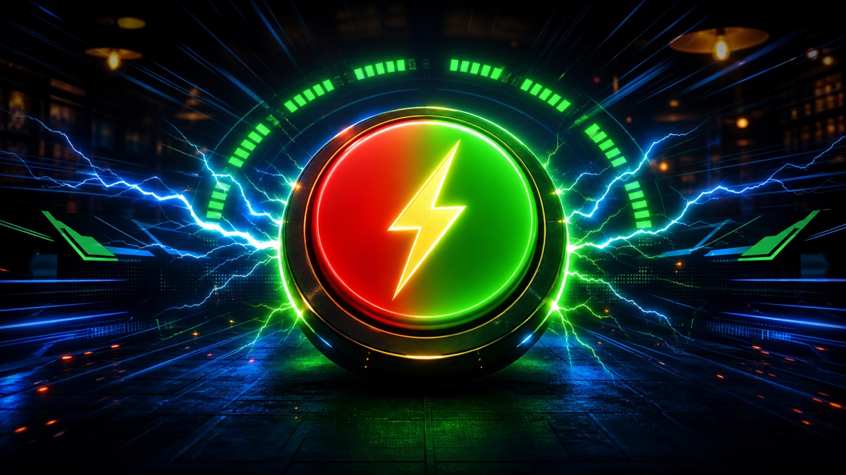Reaction Test game illustration with a neon button and lightning bolt