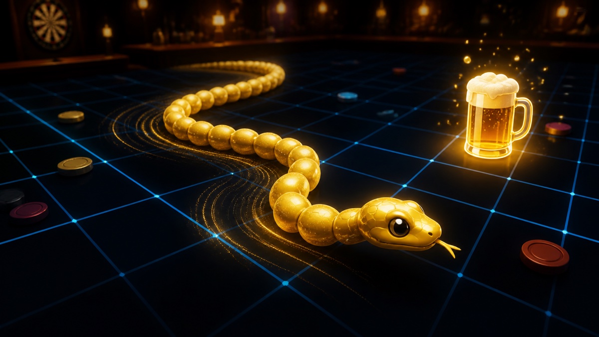 Snake 132 game illustration with a glowing snake on an arcade grid