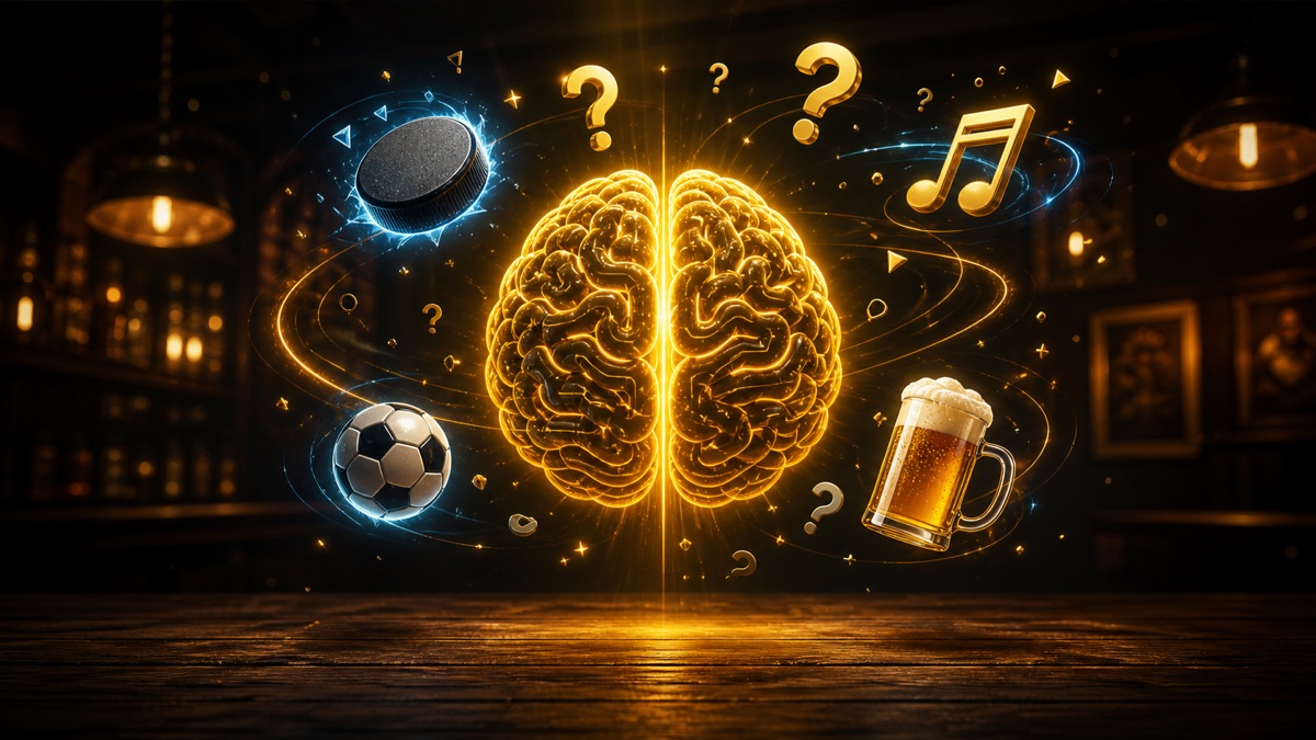 Trivia 132 game illustration with a glowing brain and quiz icons