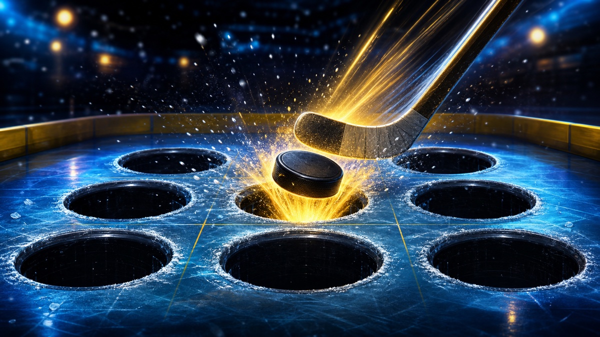 Whack-a-Puck game illustration with a stick striking a glowing puck