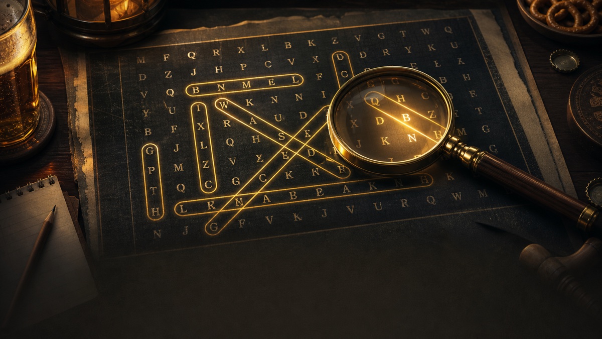 Word Search 132 game illustration with a letter grid and magnifying glass